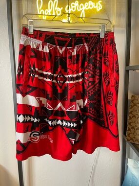 Red & Black Geometric Athletic Shorts with Small Logo skyn style brand